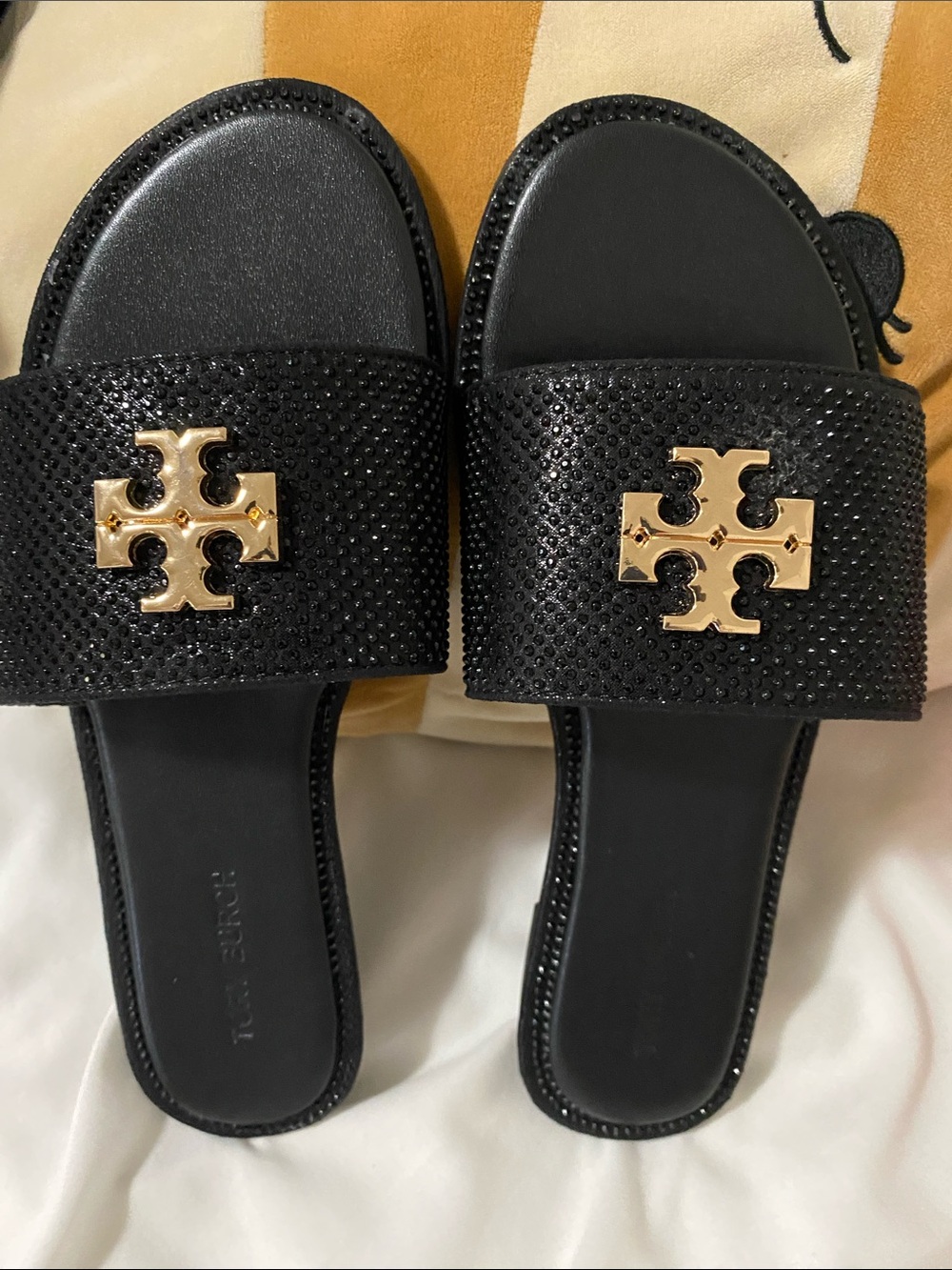 Tory Burch Black Slide Sandals with Gold Logo Accent